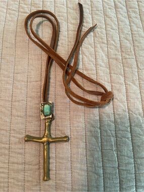 Love Tokens Brown Suede Necklace with Brass Cross and Turquoise Accent